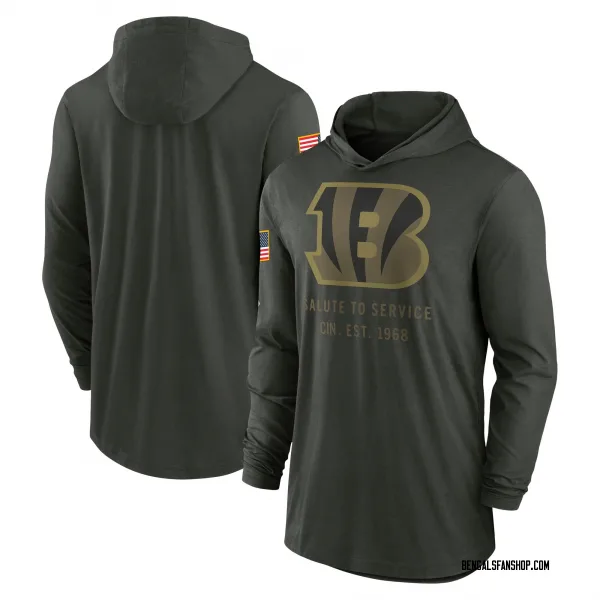 Men's Cincinnati Bengals Green Forest 2025 Salute to Service Sideline Lightweight Long Sleeve Hooded Pullover T-Shirt